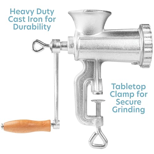 Meat Grinder w Tabletop Clamp & 2 Cutting Disks, Cast Iron Heavy Duty Sausage Maker & Manual Meat Mincer- Homemade Burger Patties, Ground Beef & More, Portable Holiday Cooking, Kitchen Essential Gift