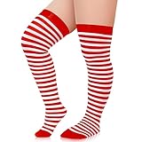 Eurzom Plus Size Women Striped Thigh High Socks Extra Long over Knee Stocking Leg Warmers Halloween Christmas Costume (Red and White)