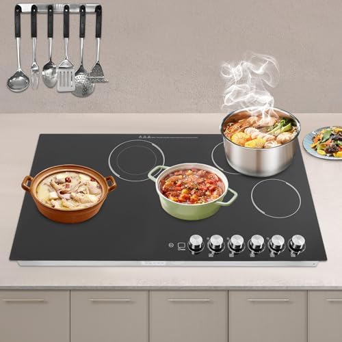 36'' Electric Cooktop 5 Burner, 110V 4800W Built-in/Desktop Radiant Electric Stove Top with 5 Power Levels, Timer, Child Safety Lock, LED Display Screen