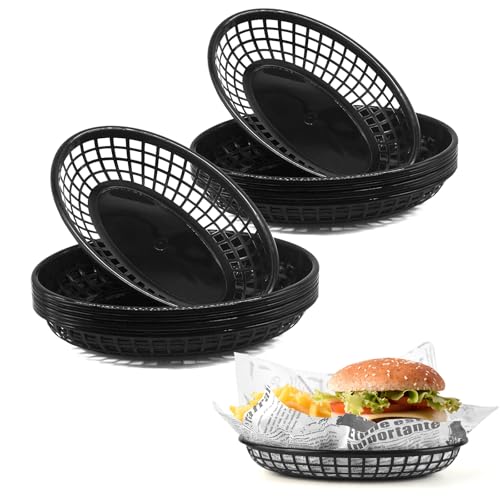 JJWNMLL 16 Stück servierkörbchen, Pommes Körbchen, wiederverwendbarer ovaler Obstkorb aus Kunststoff,Lebensmittelkörbe für Burger, Sandwiches, Pommes, Grillen, Picknicks, Partys (Black 16pcs)