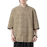 Cotton Linen Shirt Tang Suit One Word Button Short Sleeve Chinese Style Men Tops Male Loose Casual Kung Fu Outfit Shirt 5XL(Khaki,4XL)