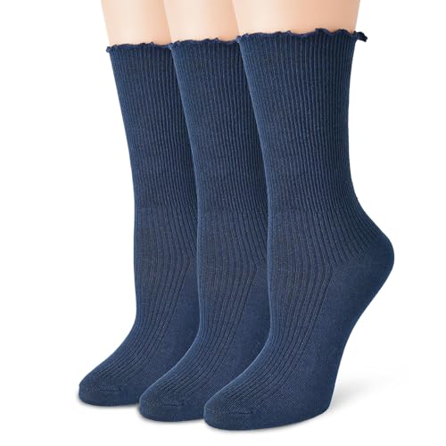 Image of Womens Ruffle Socks Fashion Breathable Solid Color Turn-Cuff Cute Girls Ankle Socks 3 Pairs