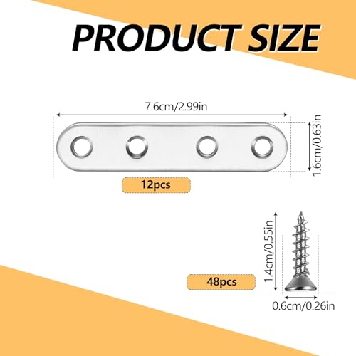 Mending Plates Flat Brackets, 12 Pcs Stainless Steel Straight Brace Brackets, Corner Fixing Joining Plates for Furniture with 48 Screws