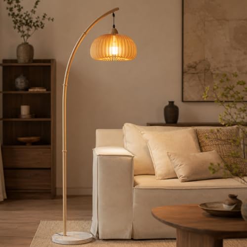 FROIDEXG Lámpara de pie retro con forma de calabaza y 3 temperaturas de color (LED incluido). Lámpara de pie con base de mármol e interruptor de pie. Iluminación de esquina para sala de estar.