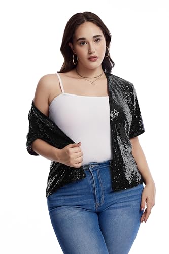 Women's Sequin Jacket Sparkly Cardigan Short Sleeve Open Front Blazer Loose Casual Party Blouse Tops3