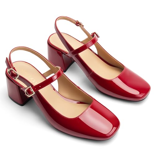 Image of AprCoco Womens Mary Jane Chunky Low Block Heels Pumps Square Toe Buckle Strap Wedding Party Dress Shoes