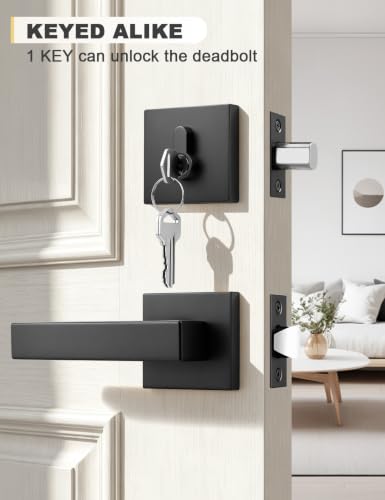 Image of Tinewa 1 Pack Black Passage Door Lever with Single Cylinder Deadbolt, Exterior Square Door Handle with Deadbolt, Modern Door Lock Handleset Keyed Alike