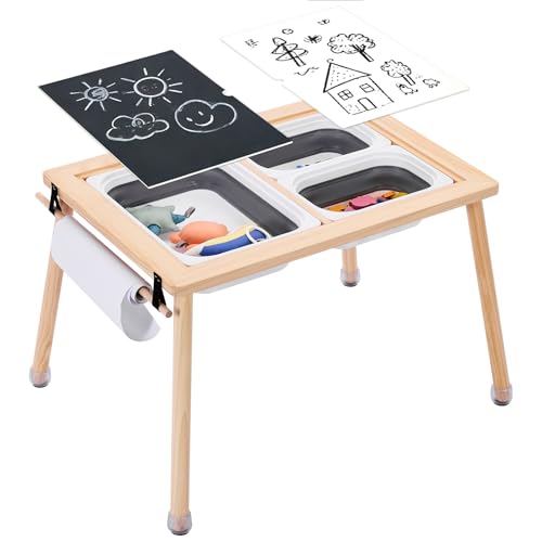 WOOD CITY Sensory Table for Toddlers Kids Wooden Activity Table for Play Study Paper Roll Holder Indoor/Outdoor Montessori Play Sand and Water Table with Foldable Toys Storage Bins