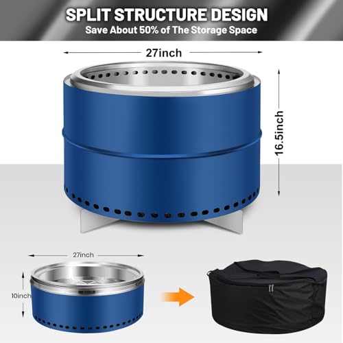 Smokeless Firepit, 27 Inch Stainless Steel Outdoor Portable Fire Pit with Removable Ash Pan and Carry Bag, Wood Burning Firepits for Outside with Stand, Ideal for 6 or More People, Blue