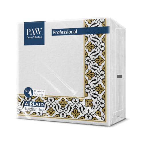 PAW - Servietten aus Airlaid - Stoffähnlich (40 x 40 cm) I 50 Stück I Ideal für Hochzeit, Taufe, Kommunion, Geburtstag I Hochwertige Tischdeko Stoffservietten - Gold-Schwarz I Floral Frame gold-black