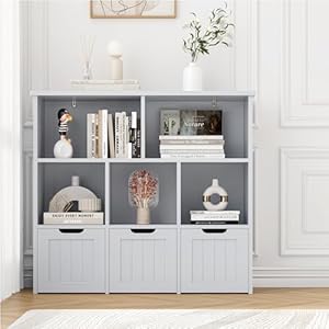 FOTOSOK Toy Storage Organizer with 3 Movable Drawers, Floor Storage Cabinet Toy Chest with Hidden Wheels and 5 Storage Cubbies, Multifunctional Storage Chest for Playroom, Grey FOTOSOK Toy Storage Organizer with 3 Movable Drawers Floor Storage Cabinet Toy Chest with Hidden Wheels and 5 Storage Cubbies Multifunctional Storage Chest for Playroom Grey