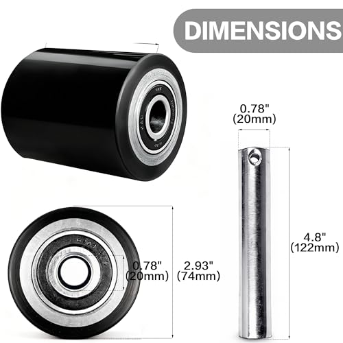 Image of Heavy Duty Pallet Jack Load Wheels Replacement Kit 3 inchx3.75 inch (Black,2 Pair) | Including PU Tread Wheel,Pre-Installed Bearings ID 20mm,Axles(Length 4.8 inch) & Pins, Also for Manual Hand Lift Truck Rear