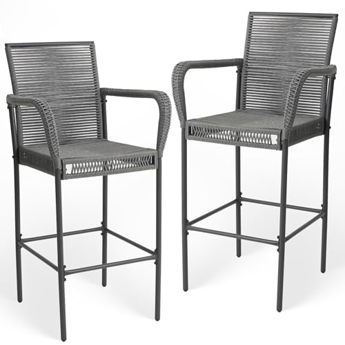 Image of Outdoor Bar Stools Set of 2, Patio Bar Stools with Armrests, All Weather Wicker Rattan Bar Chairs with Backrest for Backyard, Garden, Pool, Balcony and Deck (Light Gray)