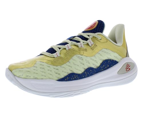 Under Armour Tênis de basquete masculino Curry 11 cm, ouro/branco/azul, 21