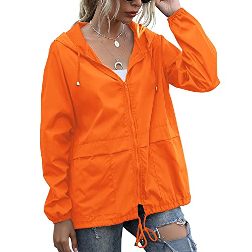 PESION Women's Waterproof Raincoat Lightweight Rain Jacket Hooded Windbreaker with Pocket for Outdoor Medium Orange