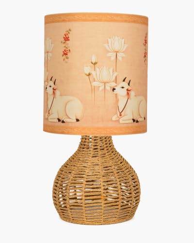 Image of Homesake Handwoven Rattan Table Lamp with Pichwai Art Printed Fabric Shade, Decorative Raffia Spinning Bedside Lamp, Boho Table Lamp with E27 Holder, Living Room & Bedroom Decor