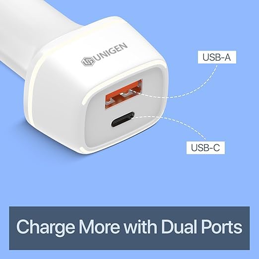 Image of UNIGEN 80W Fast Car Charger Dual Port (USB-C PD + USB QC 3.0), Compact Metal Car Charging Adapter Compatible with iPhone, Android Smartphones, Earbuds, Smartwatch & Power Bank (White)