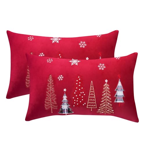Tosleo Christmas Embroidery Throw Pillow Covers 12 x 20 inch Set of 2 Xmas Tree with Snowflakes Dec Pillowcases Red Christmas Velvet Cushion Pillow Cases Soft Lumbar Holiday Pillowcase