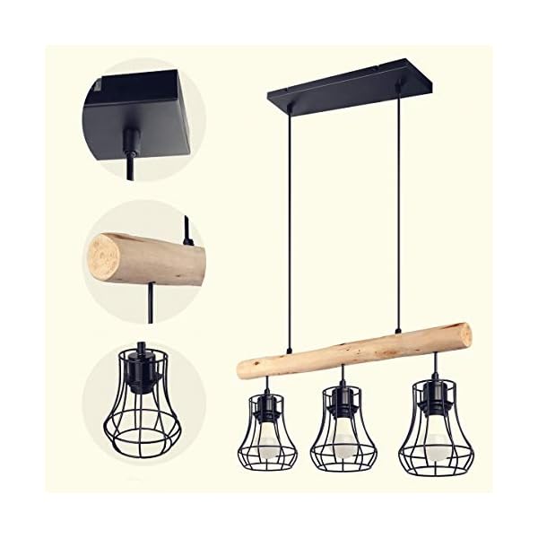 Osasy Deckenlampe holz rustikal Esszimmer Höhenverstellbare Hängelampe mit 60 CM Holzbalken, Hängeleuchte 3 x E27 max…