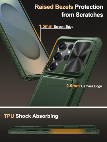 Image of Vihibii for Samsung Galaxy S25 Ultra Case with Card Holder (4 Cards), RFID Blocking & Slide Camera Cover, Military Grade Drop Protection, Rugged Hard Back & Silicone Edge Wallet Case, 6.9 inch 2025, Green