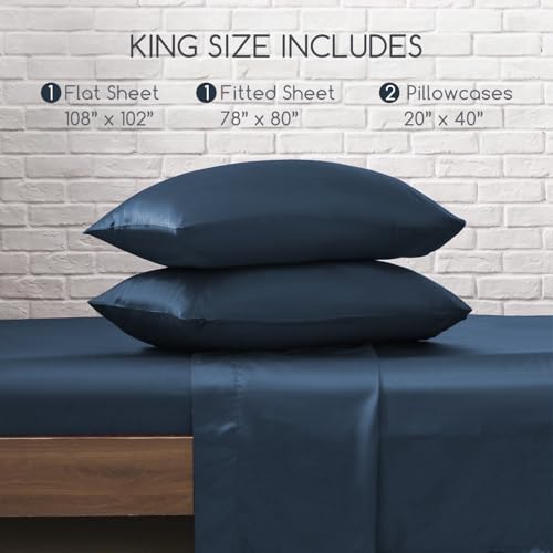 Image of MR&HM Satin Bed Sheets with Elastic Corner Straps, King Size Sheets Set, 4 Pcs Silky Bedding Set with 15 Inches Deep Pocket for Mattress (King, Mood Indigo)