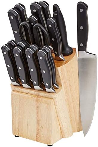 Amazon Basics 18-Piece Premium Kitchen Knife Block Set, High-Carbon Stainless Steel Blades with Pine Wood Knife Block