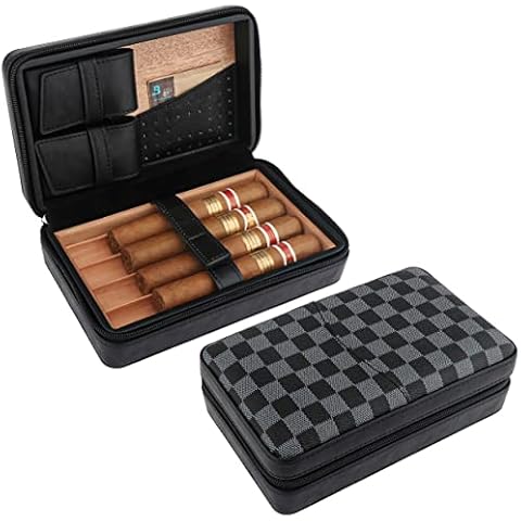 TISFA Cigar Humidor, Cedar Wood Travel Portable Leather Cigar Case, Removable Cedar Tray for 4 Cigars (Checkerboard Lattice) Cover