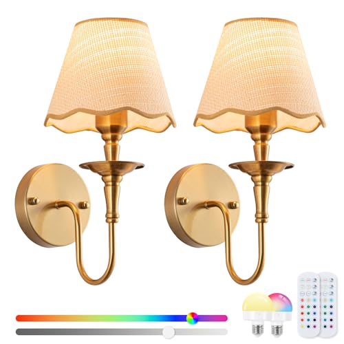 Image of EIDISUNY Battery Operated Wall Sconces Set of 2, Rattan Shade Wireless Wall Sconces, RGB Rechargeable Dimmable, Brass-Color Vintage Wall Sconce for Bedroom, Living Room, Hallway Bulbs Included