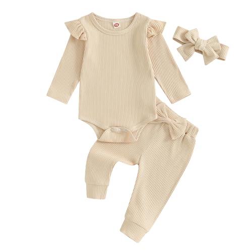 Image of Newborn Baby Girl Clothes Fall Winter Ribbed Knit Outfit Long Sleeve Romper Bodysuit Bow Pants Headband Set