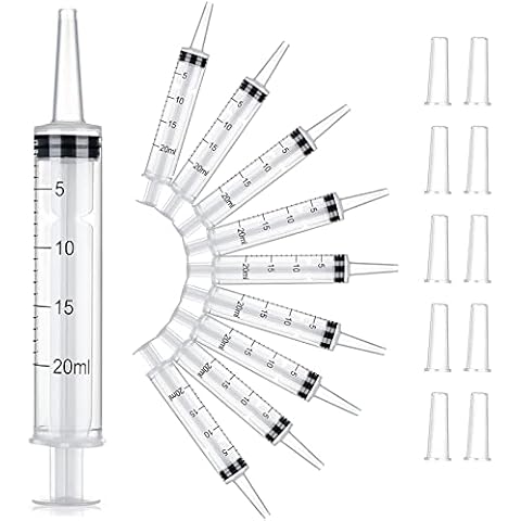 10 Pack 20ml Plastic Syringes with Cap, Large Liquid Measuring Syringe Tools Individually Sealed for Refilling and Measuring Liquids, Scientific Labs Experiment, Feeding Pets, Glue or Oil Applicator Cover