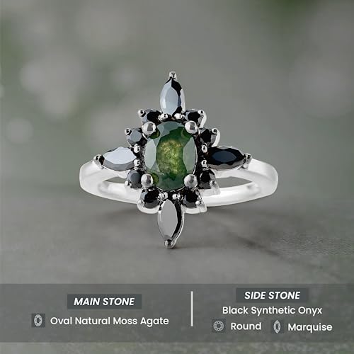 1.30cttw Green Natural Moss Agate Gemstone and Black Created Onyx Engagement Rings for Women 925 Sterling Silver Oval Marquise Round Cut Statement Ring Size 4-102