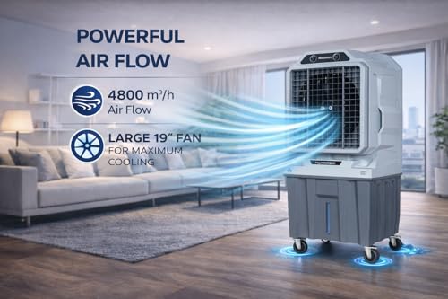 Image of ROCKSUN Hummer Desert Air Cooler | 135L Water Tank | 21+ Inch Fan | 4800 m /h Powerful Air Flow | Honeycomb Cooling Pads | Auto Swing | 350W Energy |750 ft | Heavy Duty Portable Cooler (Grey)