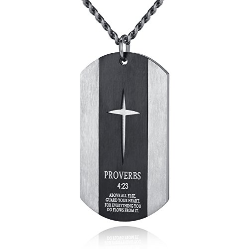 Revemcn Black Silver Stainless Steel Bible Verse Cross Dog Tag Pendant Necklace For Men, 24-28 Inches Chain (Silver - 28 Inches) #TOP3