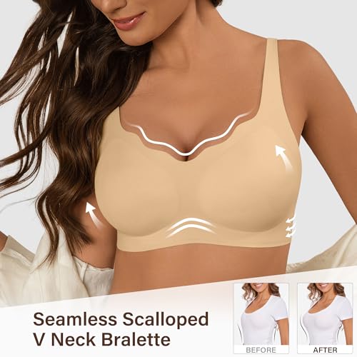 Image of DEANGELMON Bras for Women No Underwire Seamless Wireless Bra Comfort Everyday Scalloped V Neck Bralette