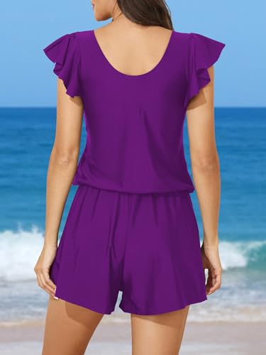 Image of Smismivo Swim Romper with Built in Bra and Pockets Swim Dress Modest One Piece Swimsuit Full Coverage Bathing Suit