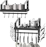 X-cosrack Pot Racks Wall Mounted Set of 2,with Towel Bar and Pots Pans Lids Organizer, Kitchen Cookware Hanging Shelves with 12 Hooks, Black