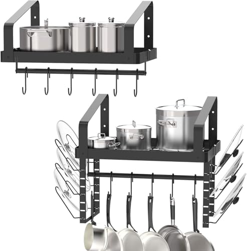 X-cosrack Pot Racks Wall Mounted Set of 2,with Towel Bar and Pots Pans Lids Organizer, Kitchen Cookware Hanging Shelves with 12 Hooks, Black