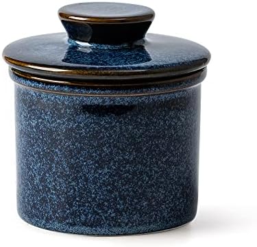 XELA Porcelain Butter Keeper Crock, French Butter Crock for Counter, Butter Keeper With Water Line for Fresh Spreadable Butter-Kiln Turns Blue