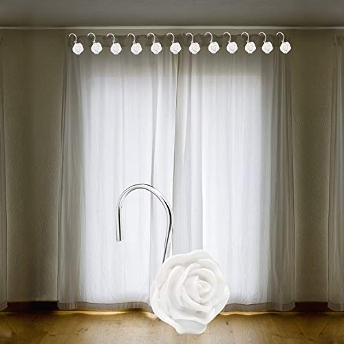 Cotopher Shower Curtain Hooks, 12 Pcs Anti Rust Bathroom Curtain Hooks Decorative Rose Shower Hooks For Bathroom, Curtains And Liner (Rose-White) #TOP4