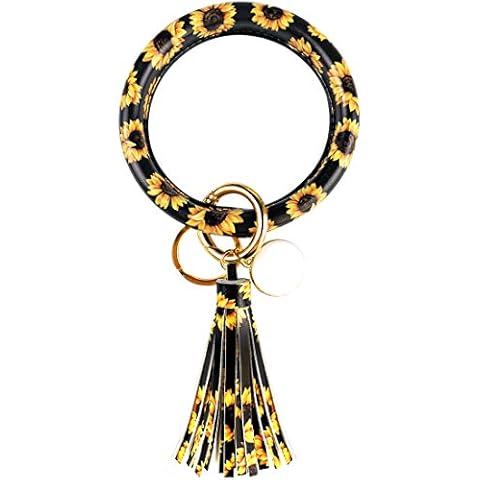 Leather Bracelet Key Ring Bangle Keyring, Tassel Ring Circle Key Ring Keychain Wristlet for Women Girls - Free Your Hands Yellow Size: L Size Cover