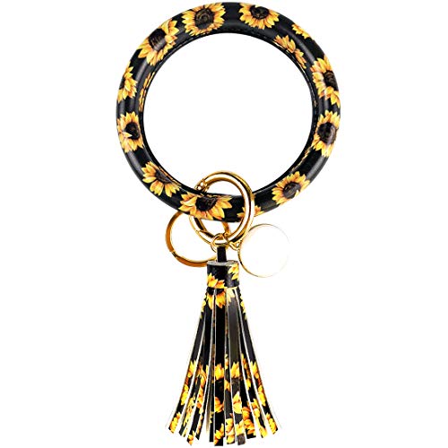 M&C Music Color Leather Bracelet Key Ring Bangle Keyring, Tassel Ring Circle Key Ring Keychain Wristlet for Women Girls – Free Your Hands (Sunflower)