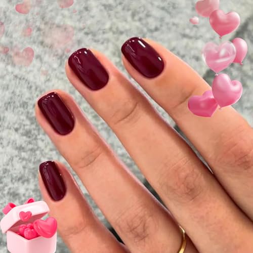 Modelones Extra Short Press on Nails, Dark Red Squoval Fake Nails, Reusable Nail Kit with Nail Glue Adhesive Tabs Mini Nail File, Nails Press Ons 32Pcs 16 Sizes, Valentines