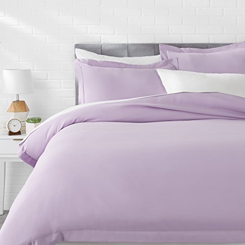 Amazon Basics Lightweight Microfiber 3 Piece Duvet Cover Set with Snap Buttons, Full/Queen, Frosted Lavender, Solid