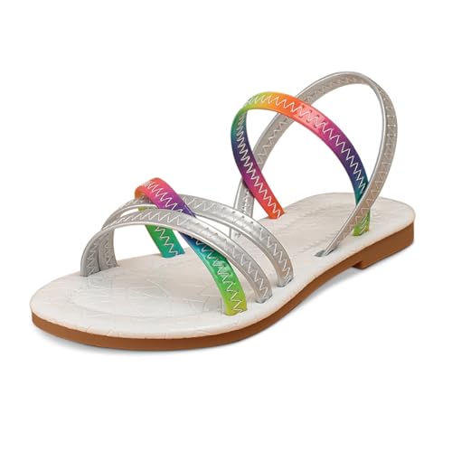 Girl's Open Toe Summer Flats Cross Rainbow Strappy Sandals Slip On Sandal Flats Comfortable Dress Shoes for Girls (Toddler Little Kid Big Kid)
