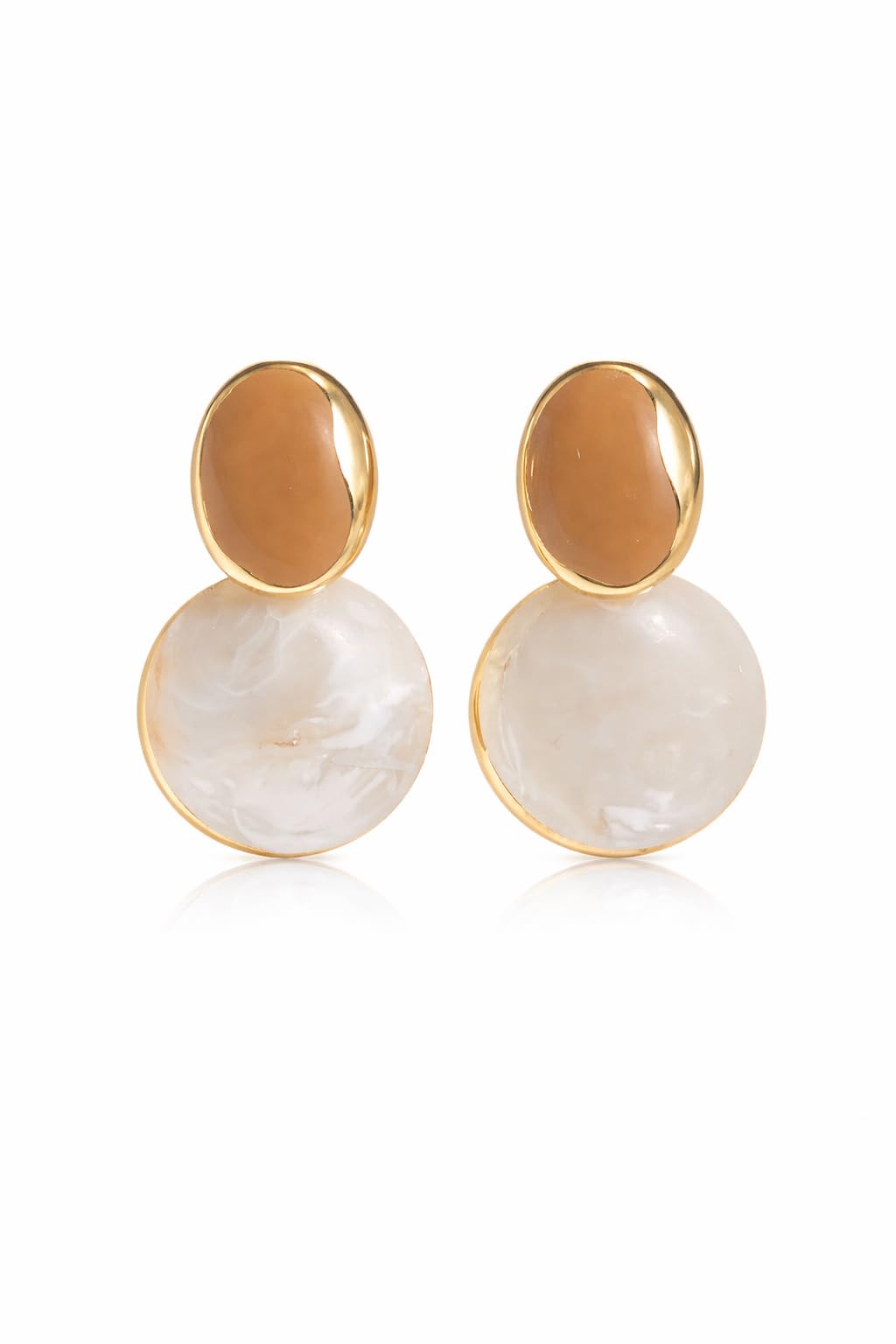 Gold Plated Pearl Drop Earrings for Women & Girls | Korean Style Double Disc Dangle Earrings | Elegant Oval Stone & Mother of Pearl Hanging Earrings |Fashion Jewellery Gift-image-27