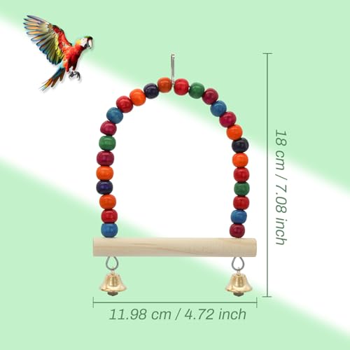 Image of WishLotus Bird Toy, Bird Swing Toy with Perch Stand and Bell, Natural Wooden Colorful Bird Toy for Small Sized Birds Budgie Parakeet Cockatiel Cockatoo (Colorful)