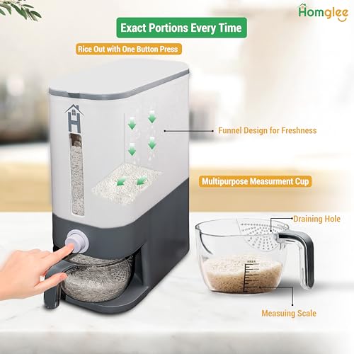 Homglee Rice Dispenser 25 Lbs – Moisture Proof Rice Container with Measuring Cup for Kitchen Pantry – Ideal Rice Storage Container with Lids & Built-in Box for Grains Cereals Soybean Corn – Grey Homglee Rice Dispenser 25 Lbs – Moisture Proof Rice Container with Measuring Cup for Kitchen Pantry – Ideal Rice Storage Container with Lids & Built-in Box for Grains Cereals Soybean Corn – Grey