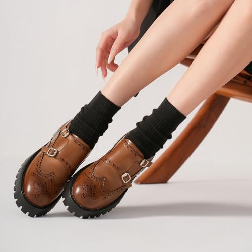 Image of BEAU TODAY Chunky Loafers for Women, Women's Leather Platform Loafers, Lug Sole Tassel Slip On Loafers Shoes Brogues Wingtip Casual Business Shoes Comfortable Dressy