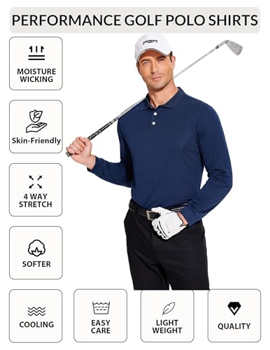 Pinspark Long Sleeve Polo Shirts For Men Moisture Wicking Men'S Golf Shirts Quick Dry Lightweight Golf Polos Collared Shirts Navy Blue thumb #3
