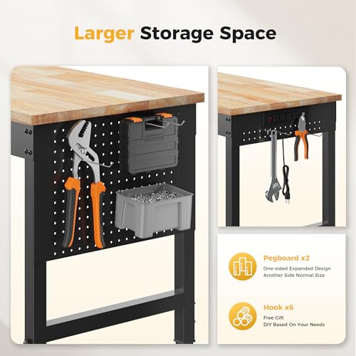 Image of CAMMOO 60 inch Adjustable Heavy Duty Workbench, 2000 LBS Load Capacity Rubber Wood Work Table with Pegboard, Power Outlets, Work Bench for Garage, Workshop, Office, Home, Commercial